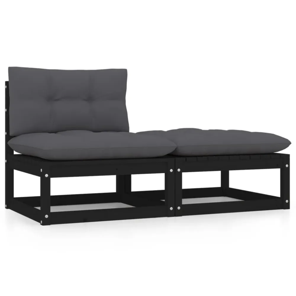 2pcs conjunto lounge de jardim com almofadões pinho maciço preto com Apoio para Bebidas