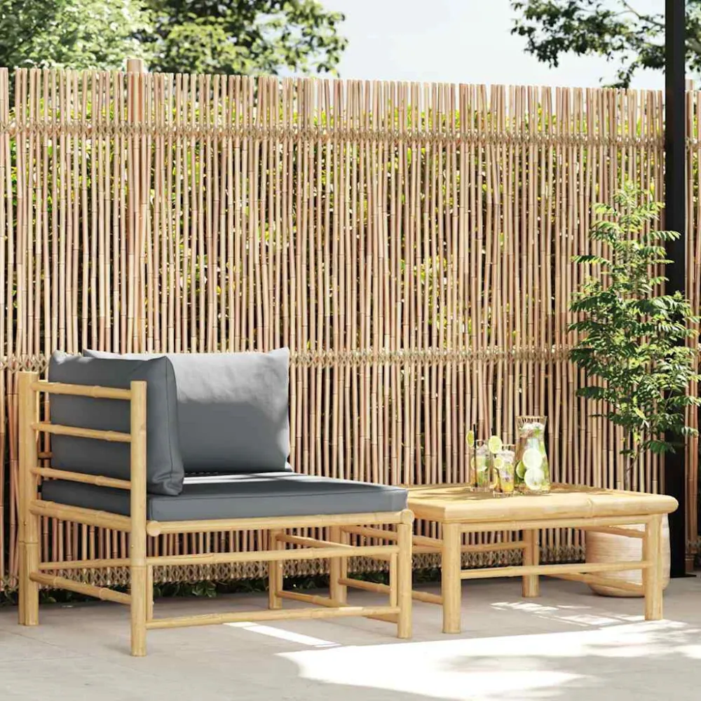 Banco de Jardim 2 pcs conj. lounge jardim em bambu com almofadões cinza-escuro