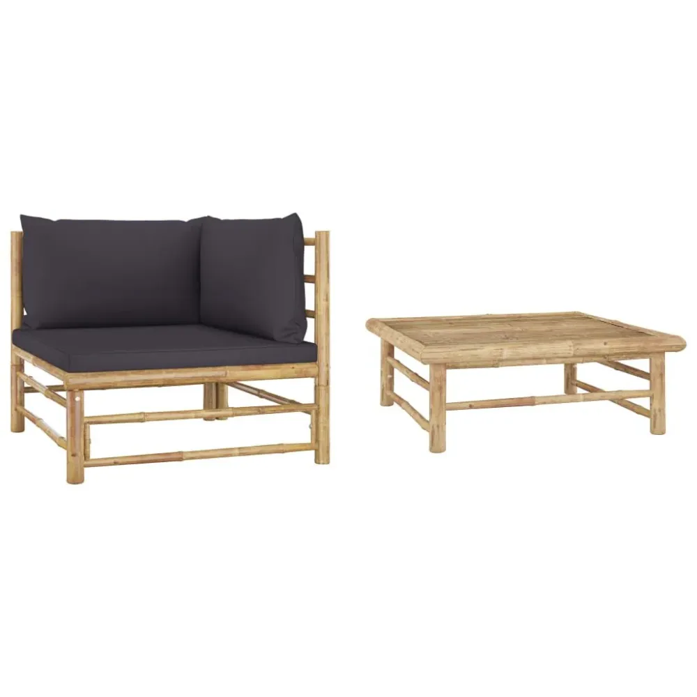 Banco de Jardim 2 pcs conj. lounge jardim em bambu com almofadões cinza-escuro