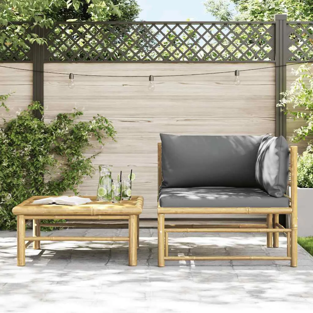 Banco de Jardim 2 pcs conj. lounge jardim em bambu com almofadões cinza-escuro