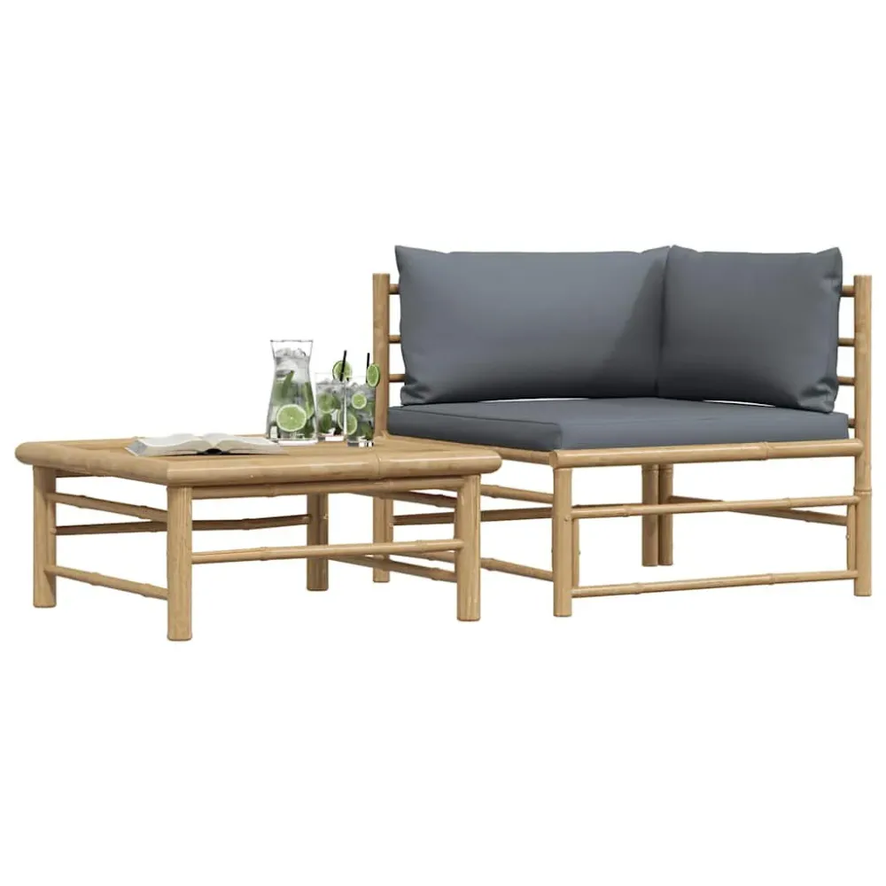 Banco de Jardim 2 pcs conj. lounge jardim em bambu com almofadões cinza-escuro