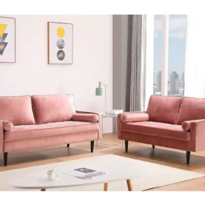 Banco de Madeira para Sofá de 2 lugares acolchoado em veludo rosa com pés de madeira FLEUET