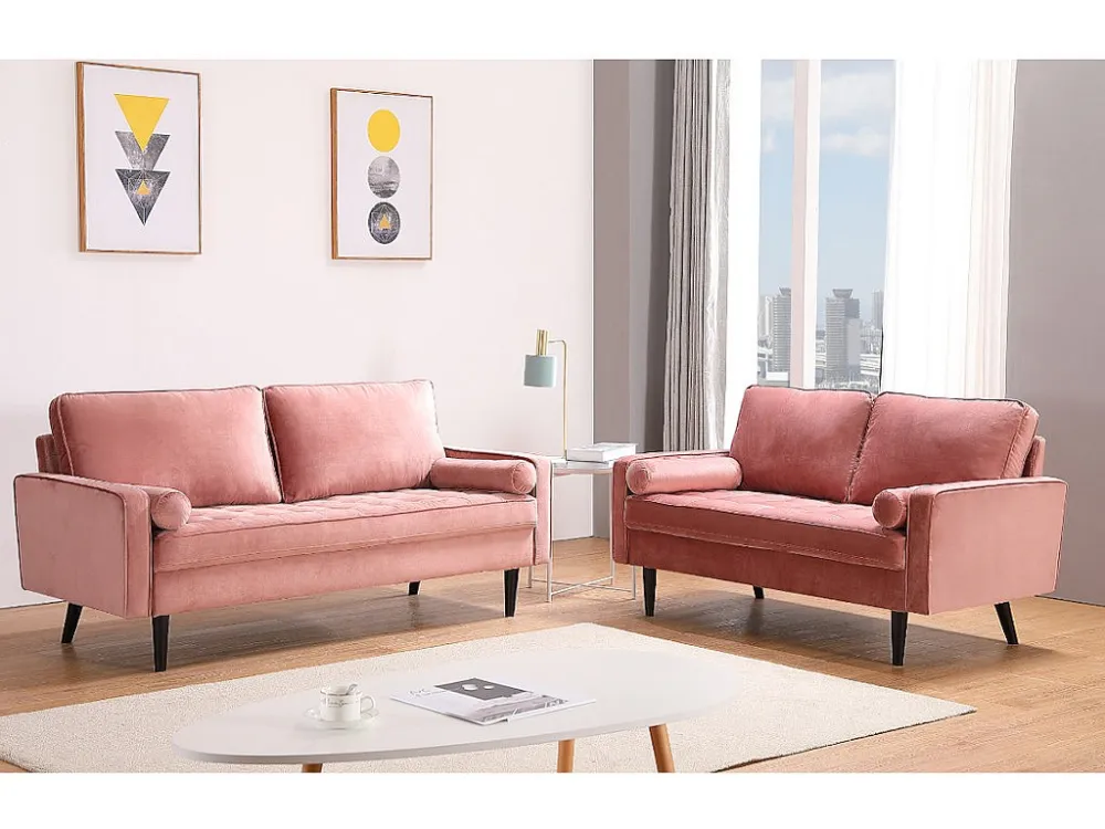 Banco de Madeira para Sofá de 2 lugares acolchoado em veludo rosa com pés de madeira FLEUET