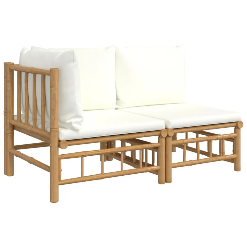 Cadeira de Balanço 2 pcs conjunto lounge de jardim bambu com almofadões branco nata