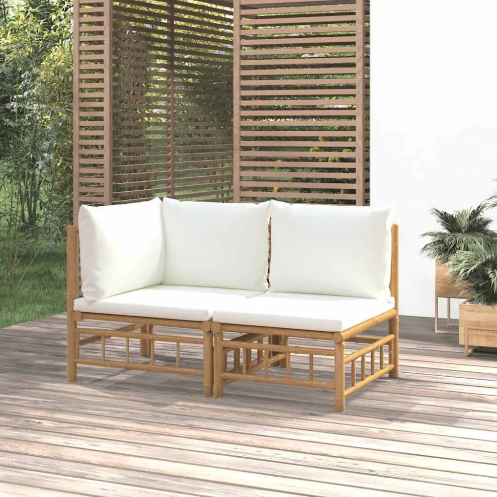 Cadeira de Balanço 2 pcs conjunto lounge de jardim bambu com almofadões branco nata
