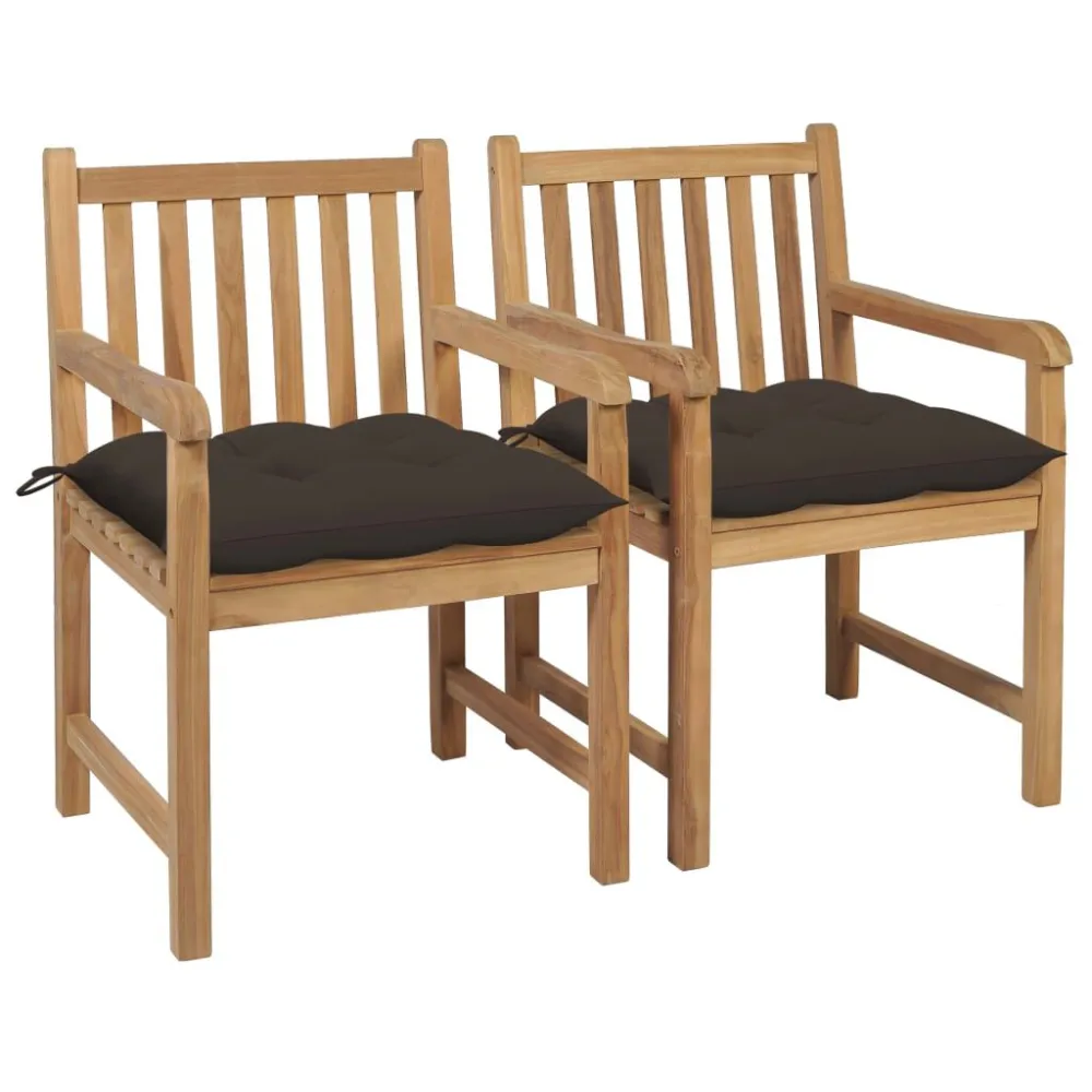 Cadeiras de jardim com almofadões cinza-acast. 2 pcs teca maciç em Ferro Forjado