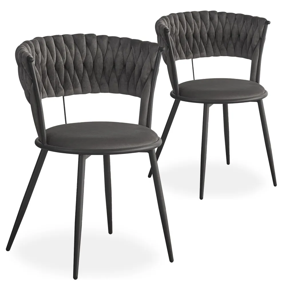 Conjunto de 2 cadeiras de design com encosto arredondado estilo trama Varadian Veludo Cinza e Metálico Preto