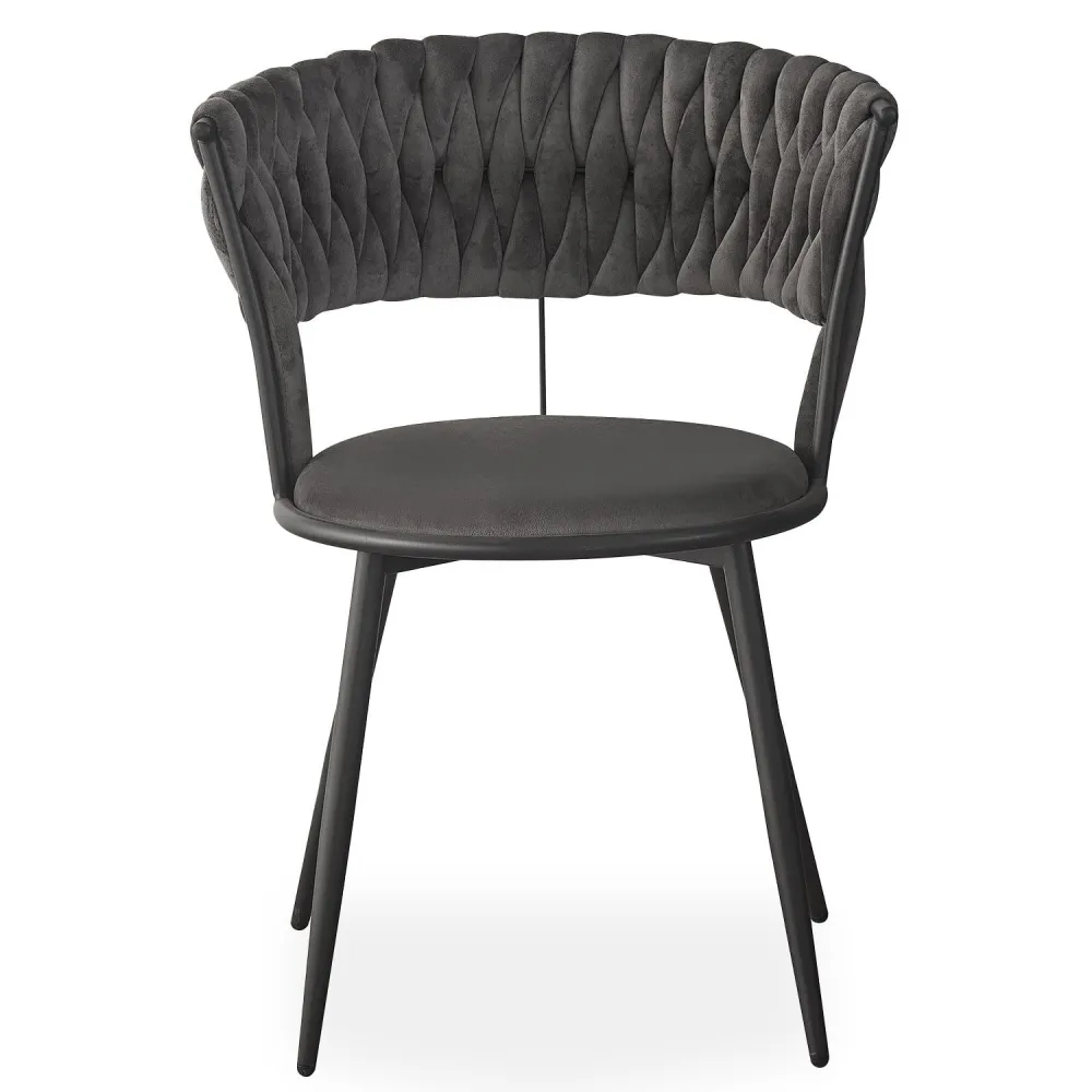 Conjunto de 2 cadeiras de design com encosto arredondado estilo trama Varadian Veludo Cinza e Metálico Preto
