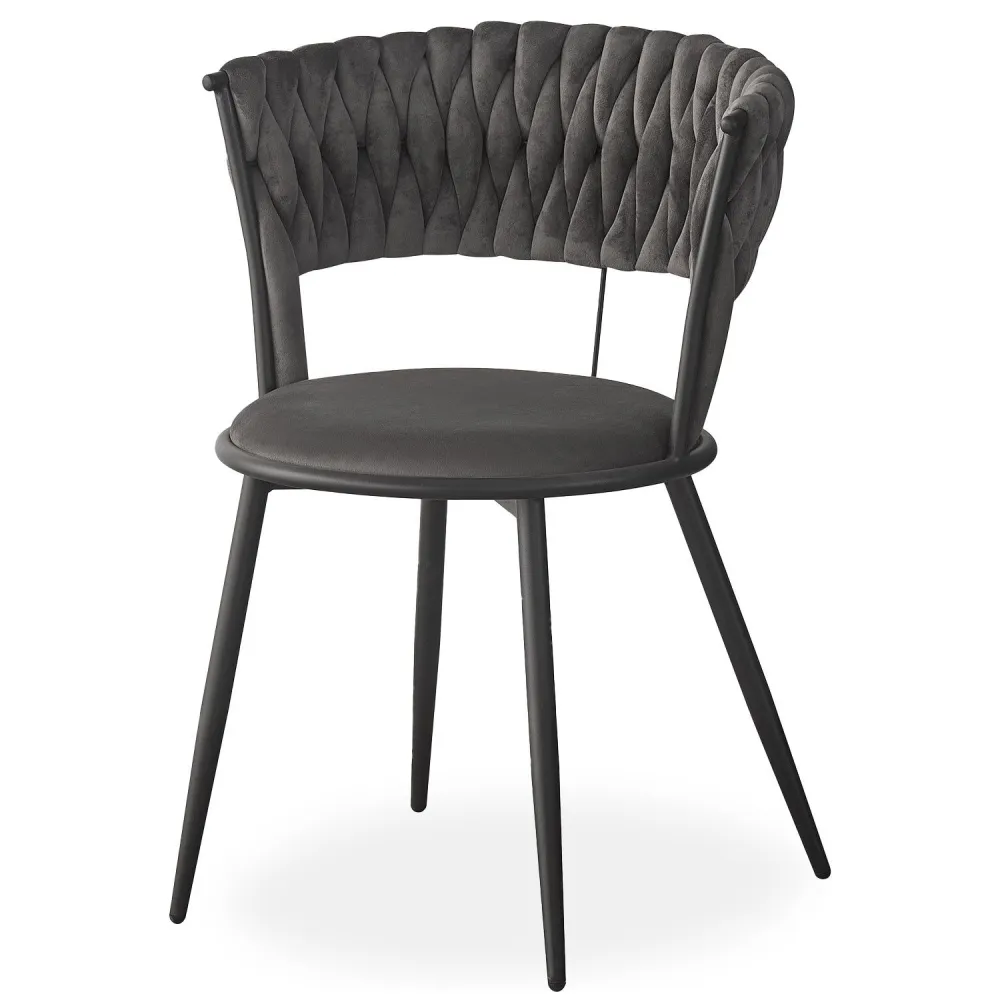 Conjunto de 2 cadeiras de design com encosto arredondado estilo trama Varadian Veludo Cinza e Metálico Preto