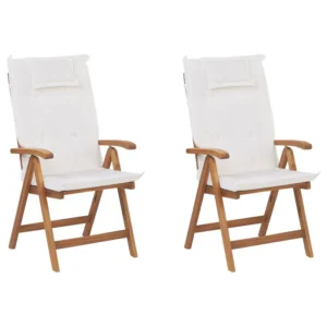 Conjunto de 2 cadeiras de jardim com almofadas JAVA Madeira de acácia Branco creme | Resistente à Chuva | Confortável