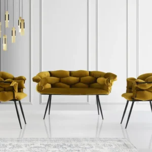 Conjunto de sofá de 2 lugares e 2 poltronas Krogh Metálico Preto e Veludo Ocre com Revestimento em Textilene