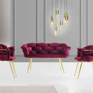 Conjunto de sofá de 2 lugares e 2 poltronas Krogh Metálico Dourado e Veludo Bordô | Resistente à Chuva | Confortável