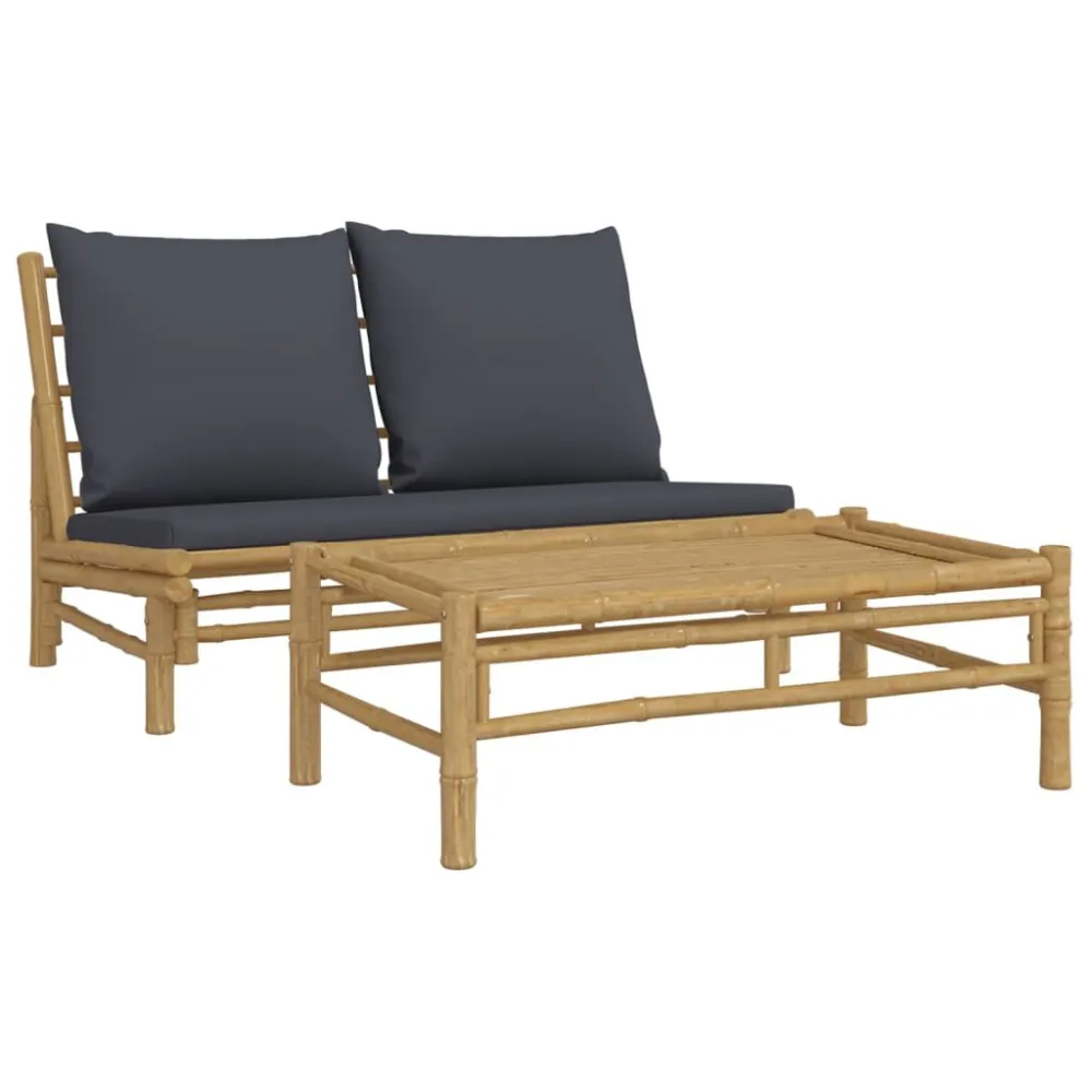 Design Ergonômico e Confortável 2pcs conj. lounge de jardim bambu com almofadões cinzento-escuro