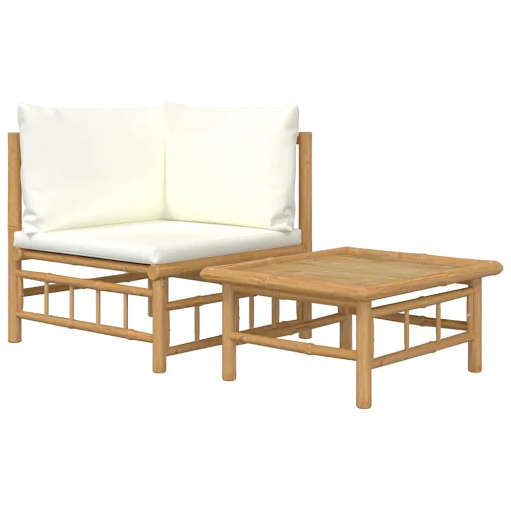 Design Ergonômico e Confortável 2 pcs conjunto lounge de jardim bambu com almofadões branco nata