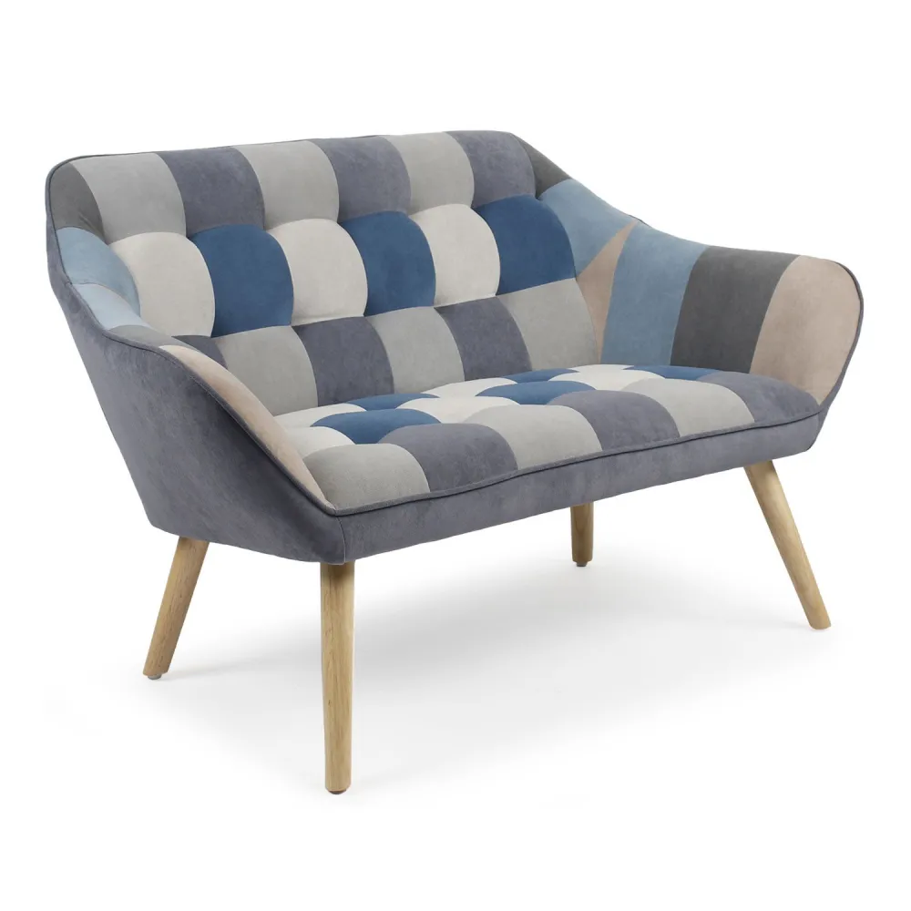 Design Ergonômico e Confortável Sofá Escandinavo de 2 lugares Zentao efeito patchwork Veludo Cinza e azul