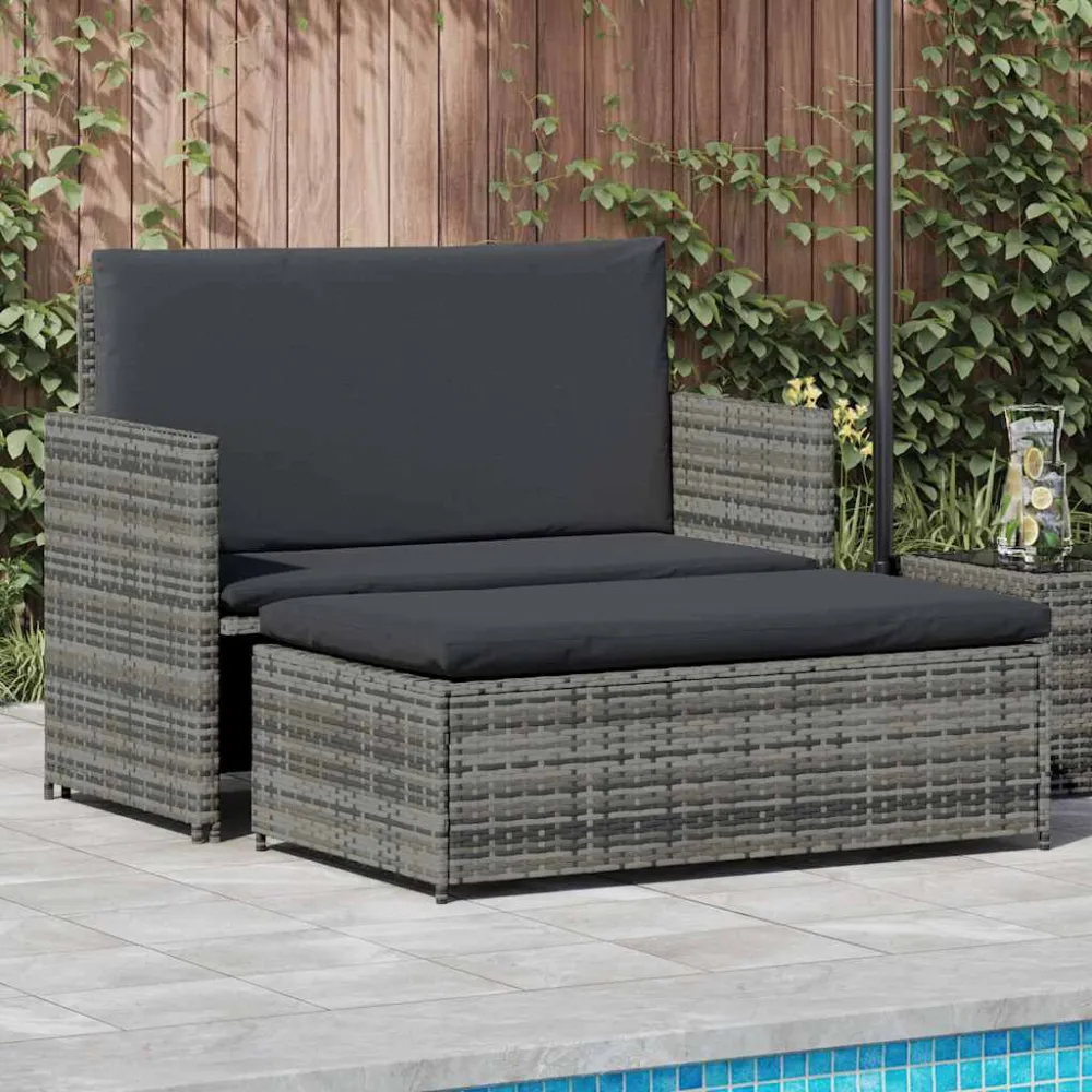 Espreguiçadeira de Exterior 2 pcs conjunto lounge de jardim com almofadões vime PE cinzento