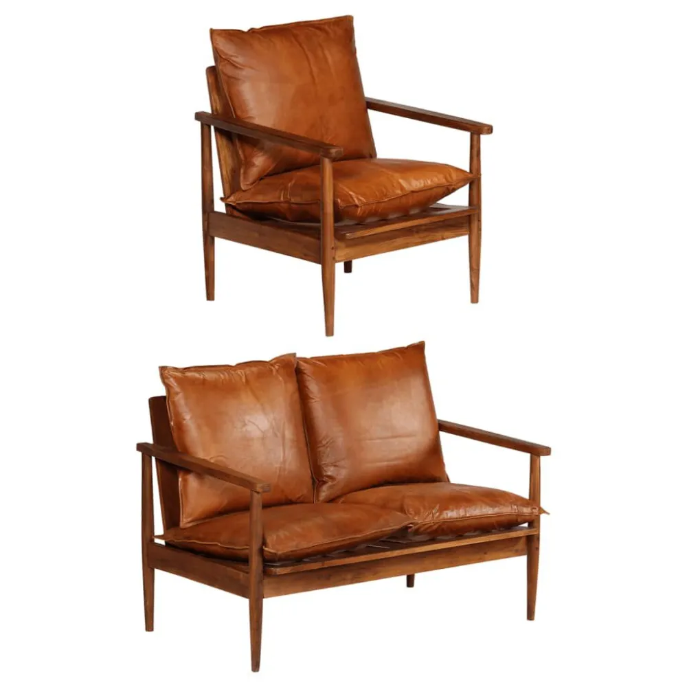 Espreguiçadeira de Exterior 2 pcs conjunto de sofás couro genuíno e acácia maciç castanho