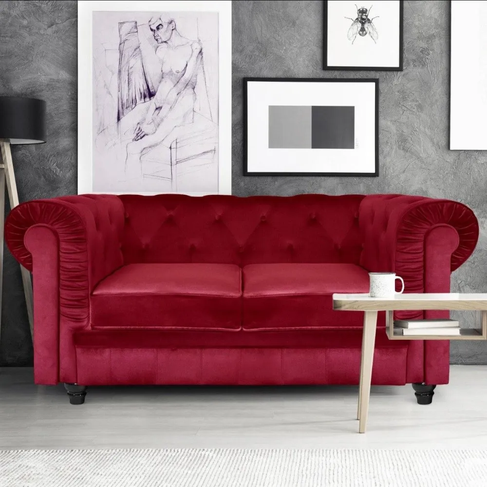 Grande sofá de 2 lugares Chesterfield Veludo Vermelho