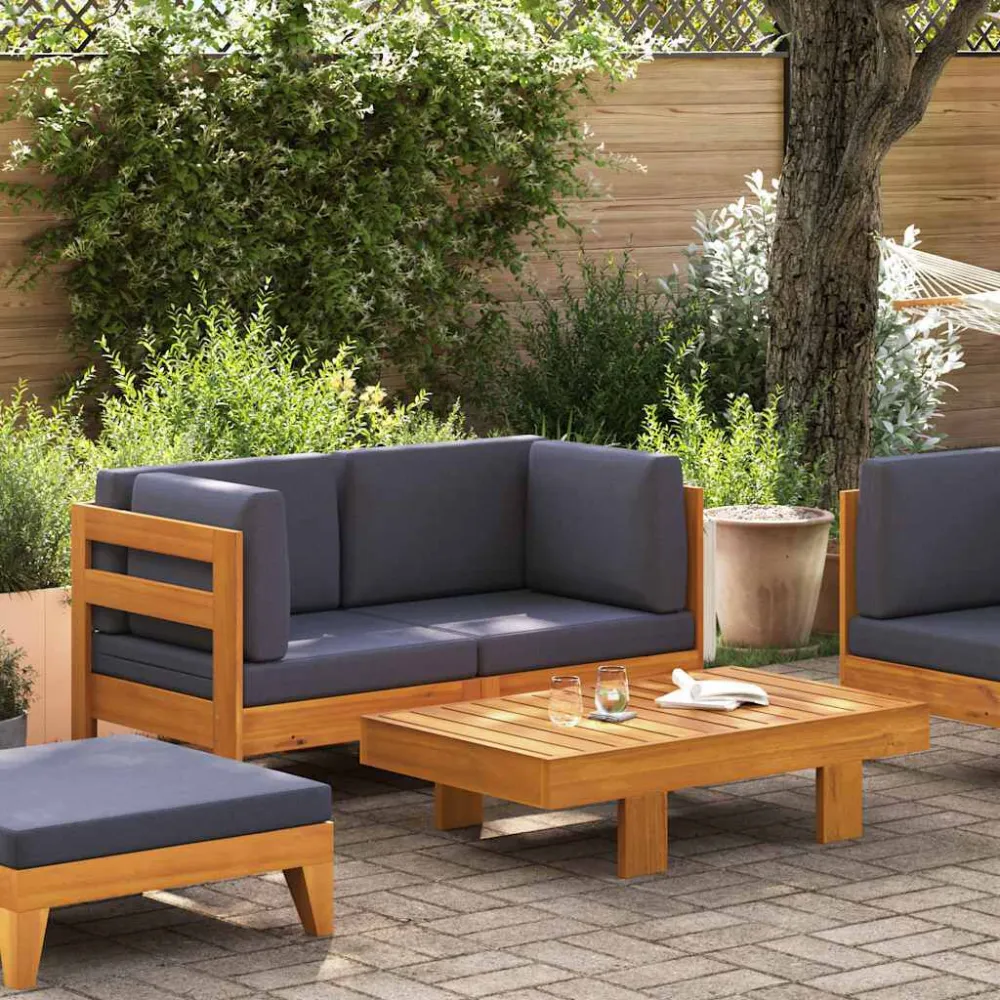 2 pcs conj. lounge de jardim com almofadões cinza-escuro acácia com Almofada Inclusa