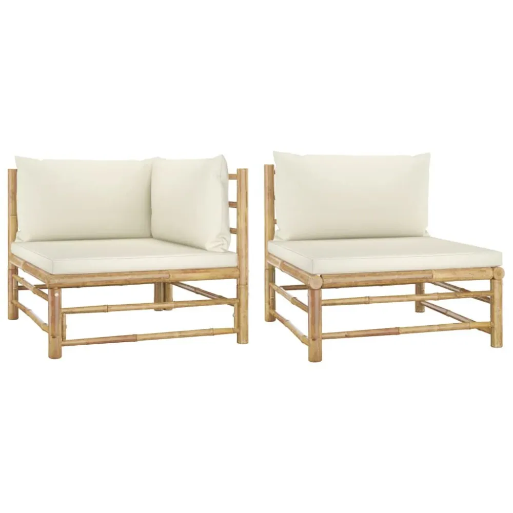 2 pcs conj. lounge para jardim em bambu com almofadões branco nata em Ferro Forjado