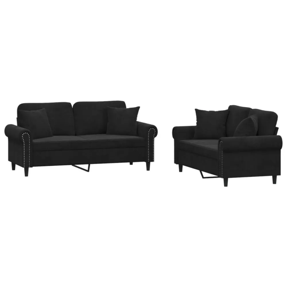 2 pcs conjunto de sofás com almofadas veludo preto com Encosto Ajustável