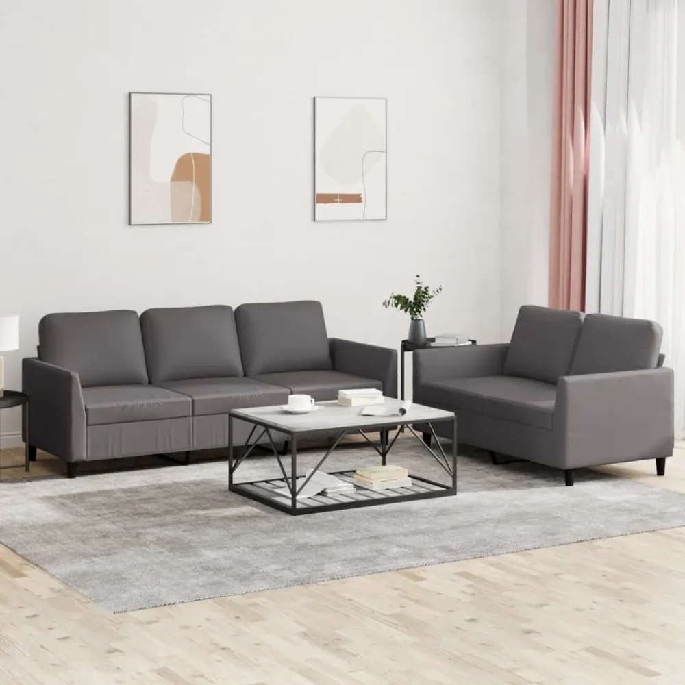 2 pcs conjunto de sofás com almofadões couro artificial cinzento com Revestimento em Textilene