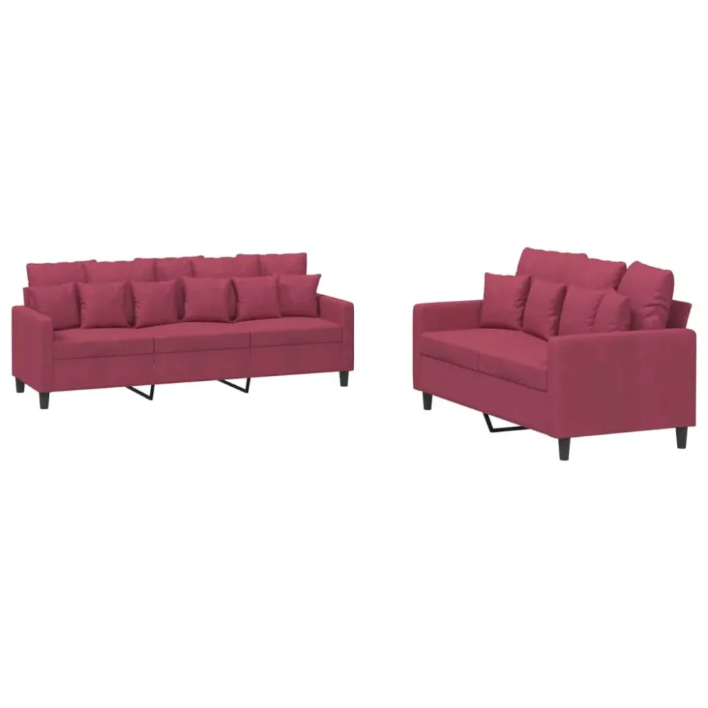 2 pcs conjunto de sofás com almofadões veludo vermelho tinto em Ferro Forjado