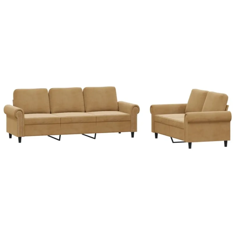 2 pcs conjunto de sofás com almofadões veludo castanho para Relaxamento ao Ar Livre