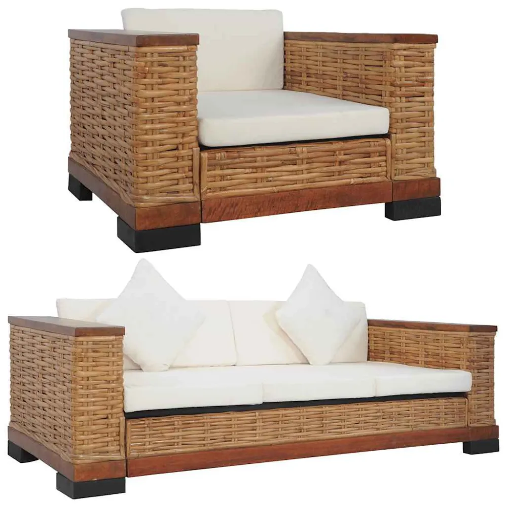 2 pcs conjunto de sofás com almofadões vime autêntico castanho