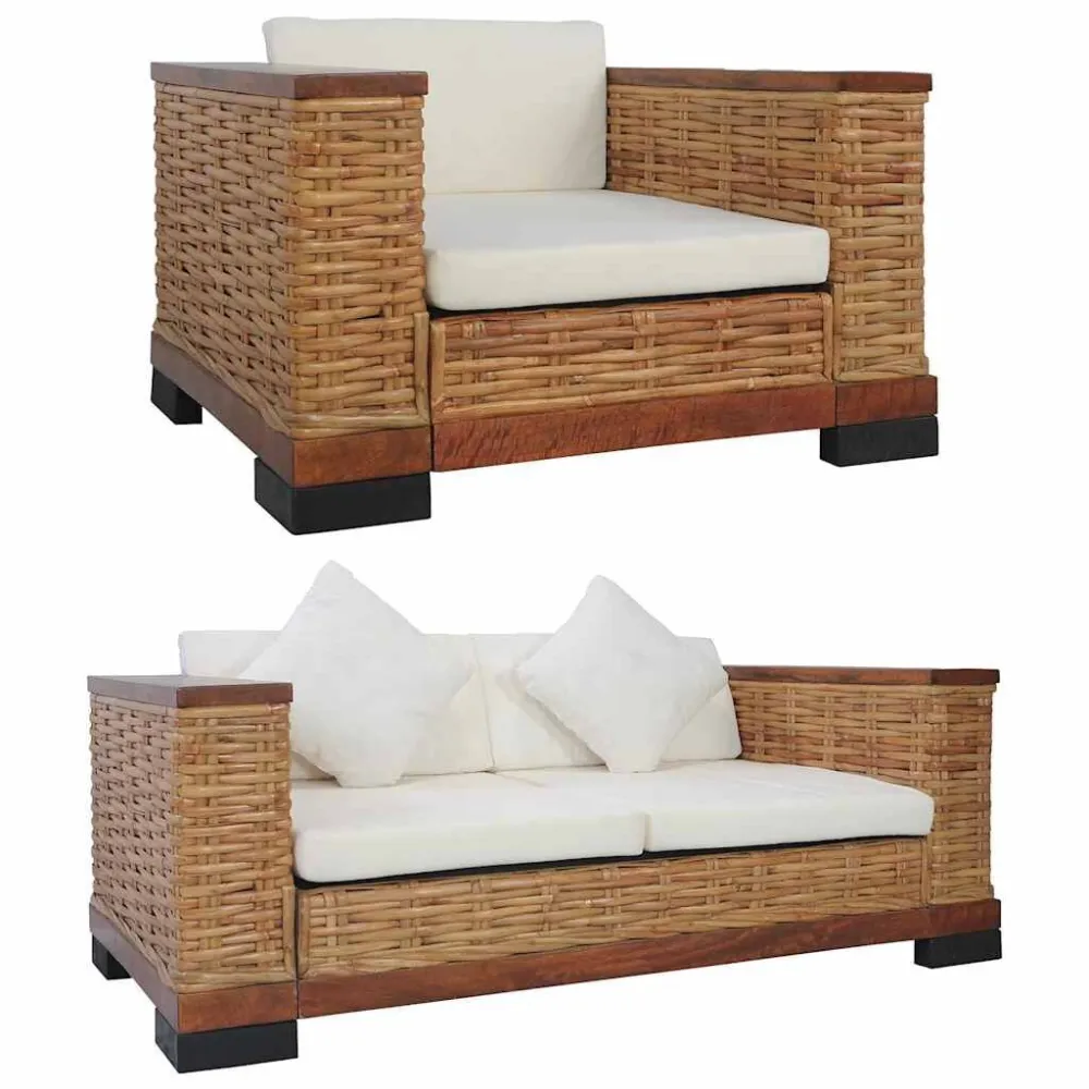 2 pcs conjunto de sofás com almofadões vime espontâneo castanho