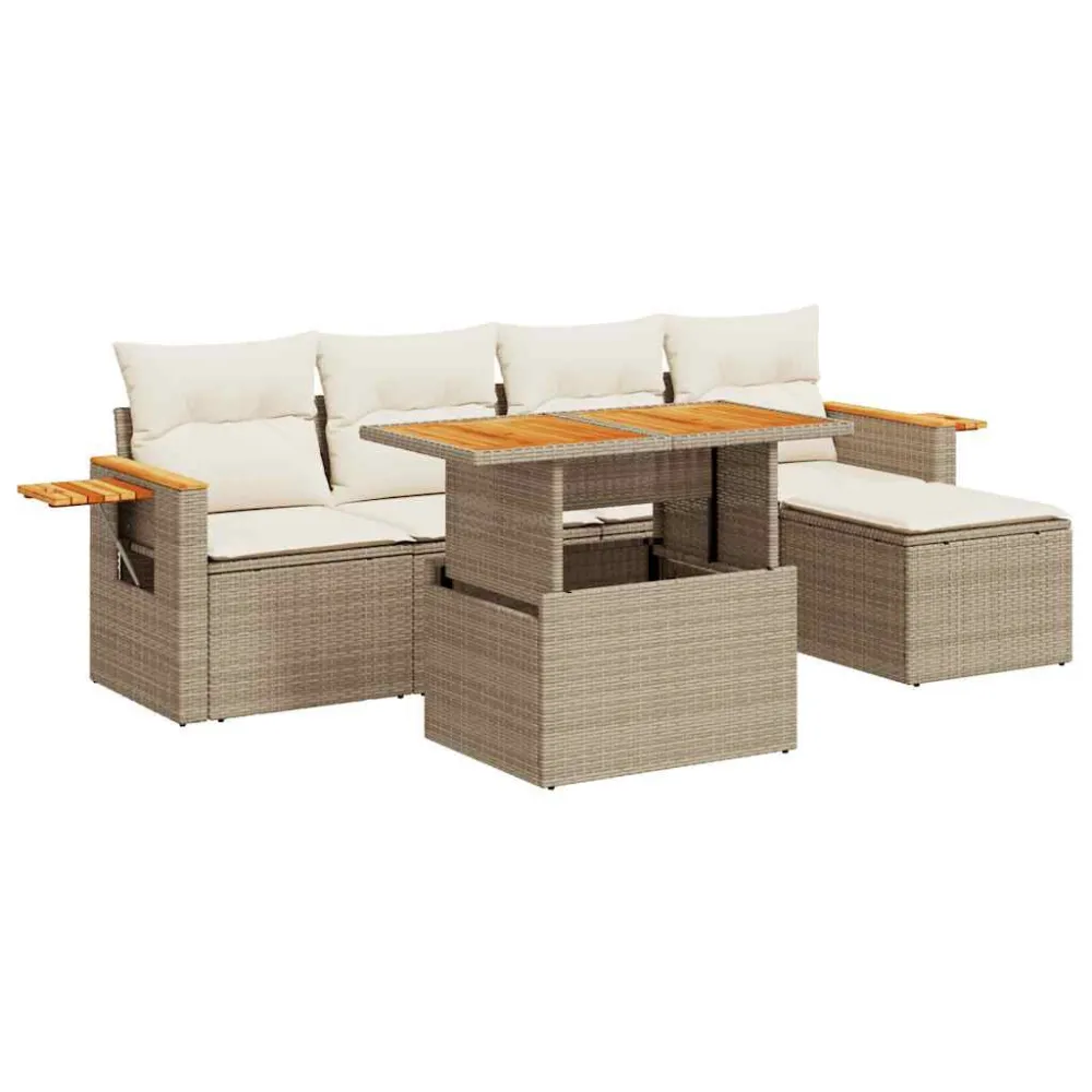 6 pcs conjunto sofás jardim com almofadões vime PE/acácia bege com Apoio para Bebidas