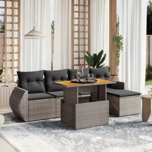 6 peças conjunto sofás de jardim com almofadões vime cinzento com Estrutura em Alumínio