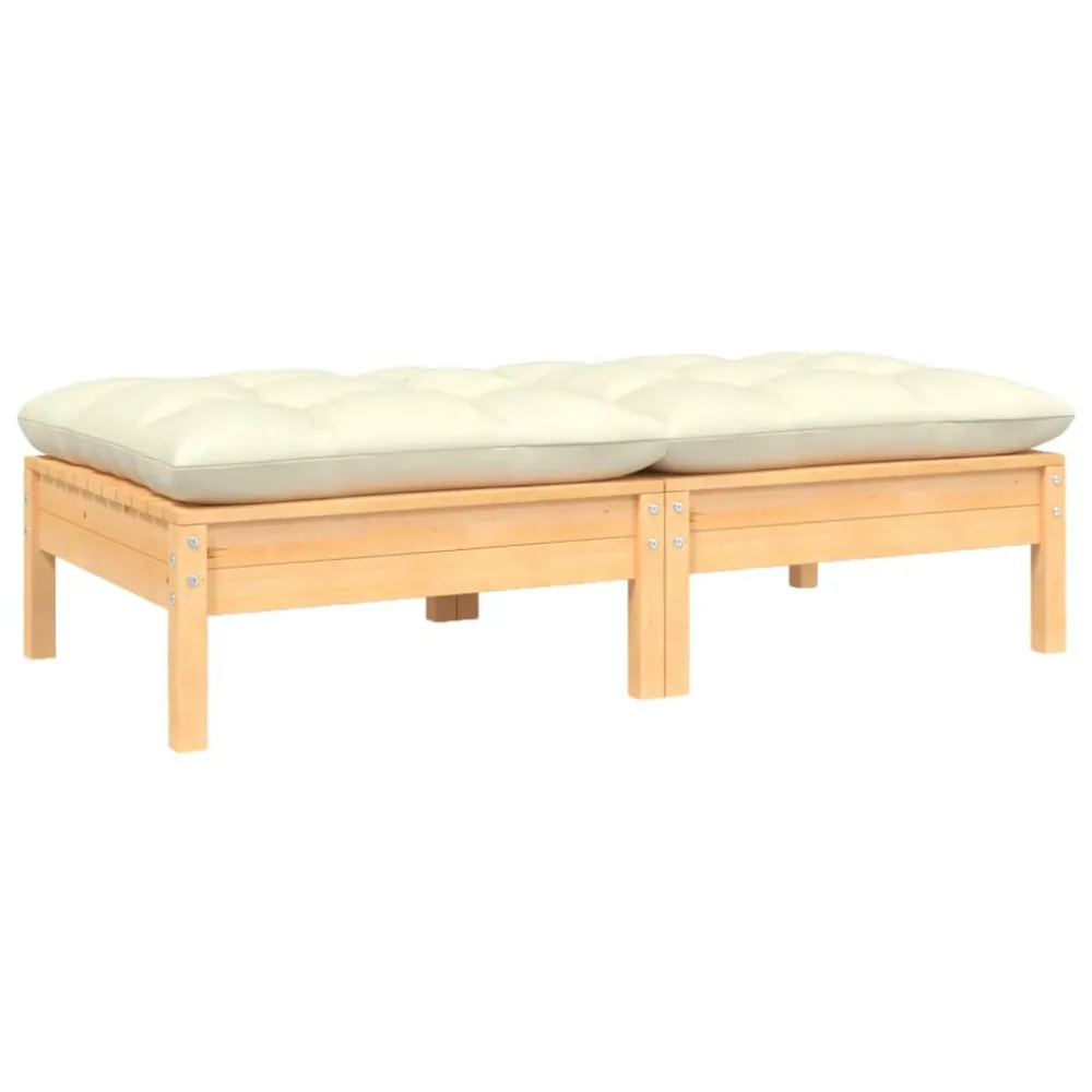 Poltrona de Rattan Sofá de jardim 2 lugares com almofadões cor creme pinho maciço