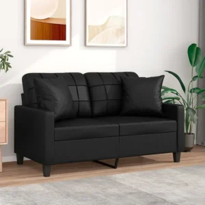 Poltrona de Rattan Sofá 2 lugares + almofadas decorativas 120cm couro artif. preto