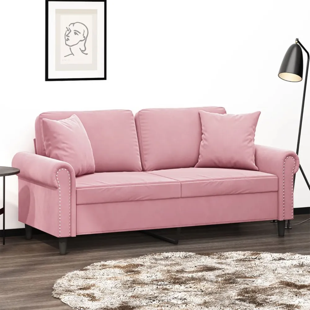 Poltrona de Rattan Sofá 2 lugares com almofadas decorativas 140 cm veludo rosa