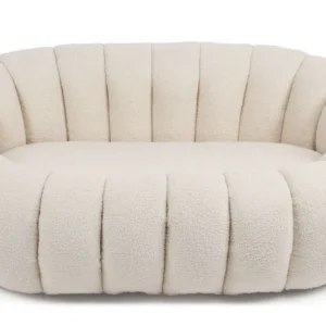 Poltrona de Rattan Sofá 2 Lugares design de concha Horizan Tecido bouclé Creme