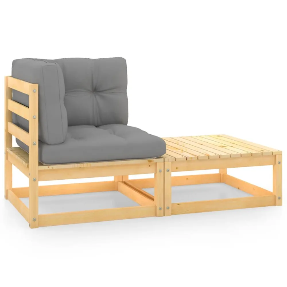 Puf de Exterior 2 pcs conjunto lounge de jardim com almofadões pinho maciço