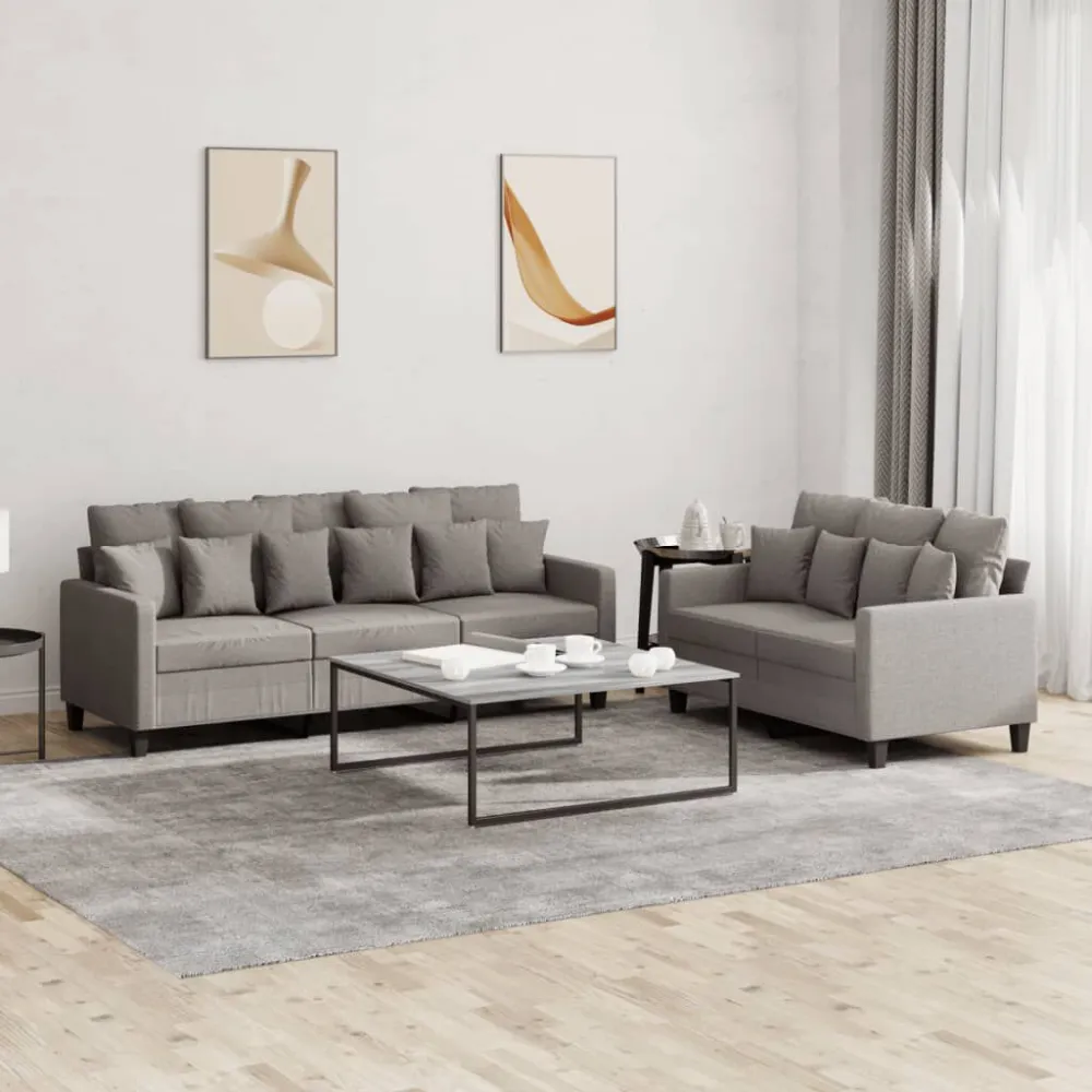 Puf de Exterior 2 pcs conjunto de sofás com almofadões tecido cinza-acastanhado
