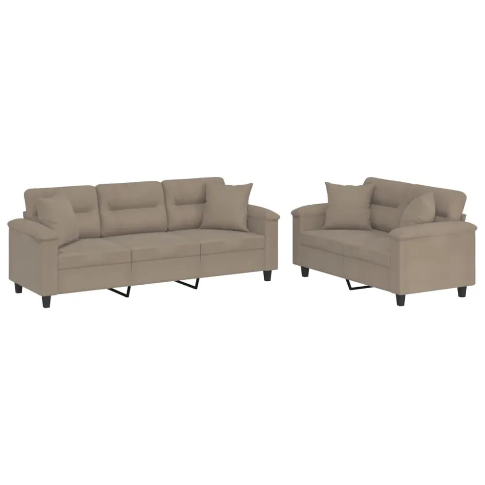 Puf de Exterior 2 pcs conjunto sofás com almofadas microfibra cinza-acastanhado