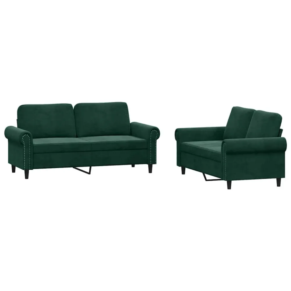 Puf de Exterior 2 pcs conjunto de sofás com almofadões veludo verde-escuro