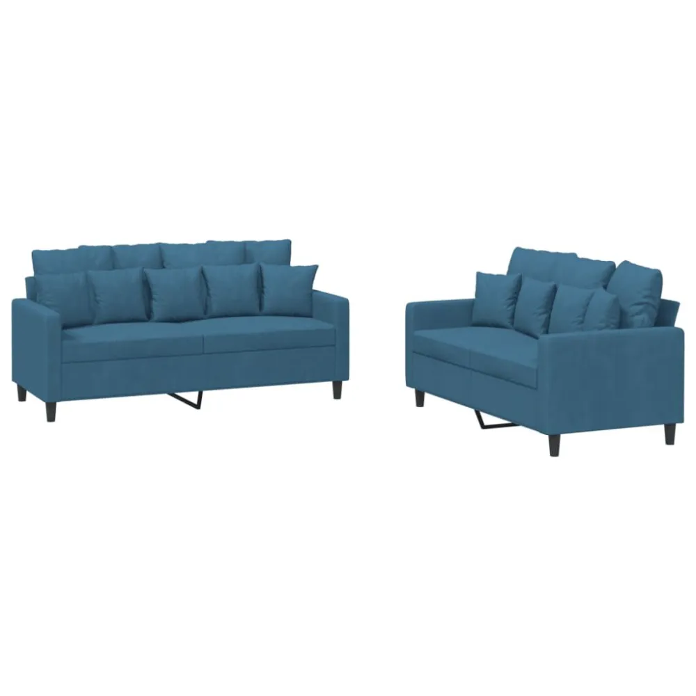 Puf de Exterior 2 pcs conjunto de sofás com almofadões veludo azul