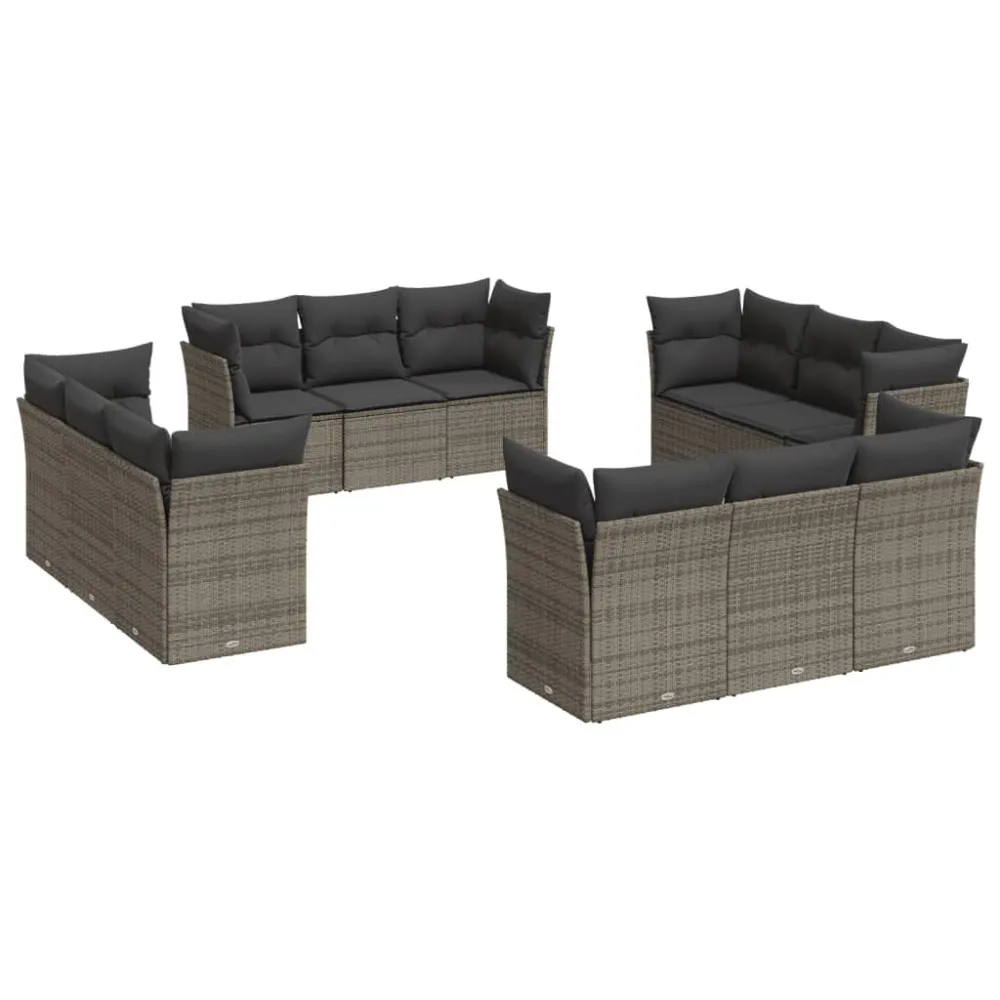 Puf de Exterior 12 pcs conjunto de sofás jardim com almofadões vime PE cinzento