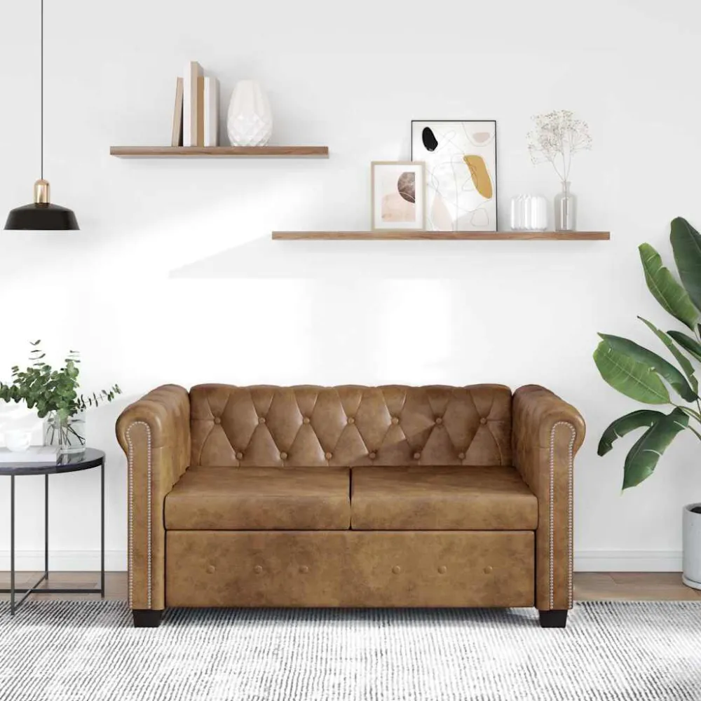Sofá Chesterfield 2 lugares couro artificial castanho com Almofada Inclusa
