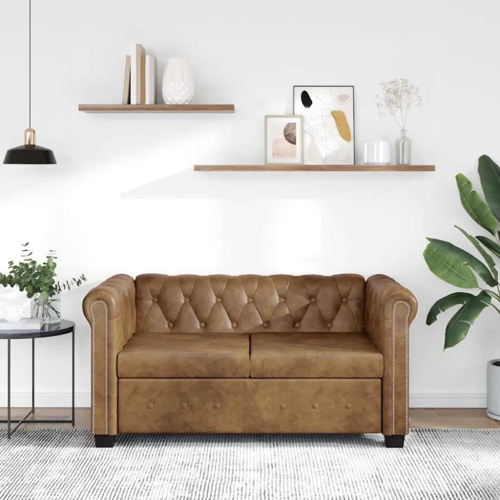 Sofá Chesterfield 2 lugares couro artificial castanho com Almofada Inclusa