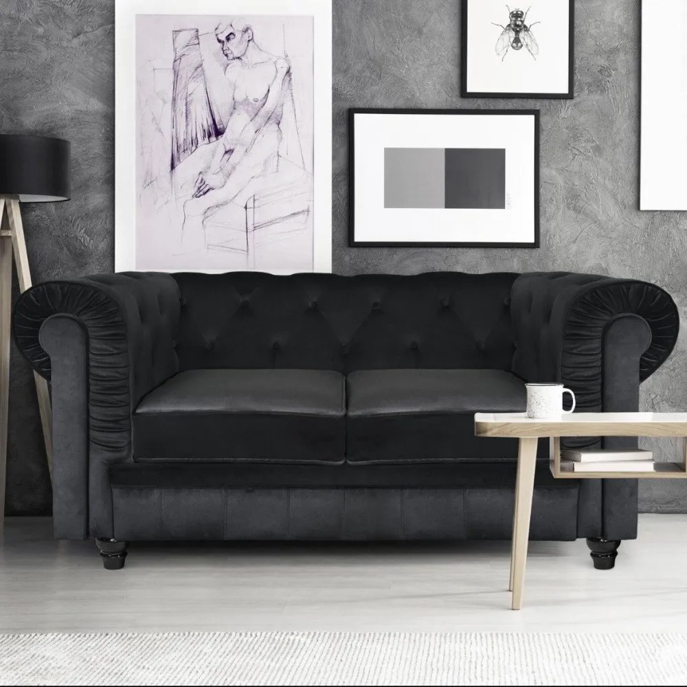 Sofá grande de 2 lugares Chesterfield Veludo Preto