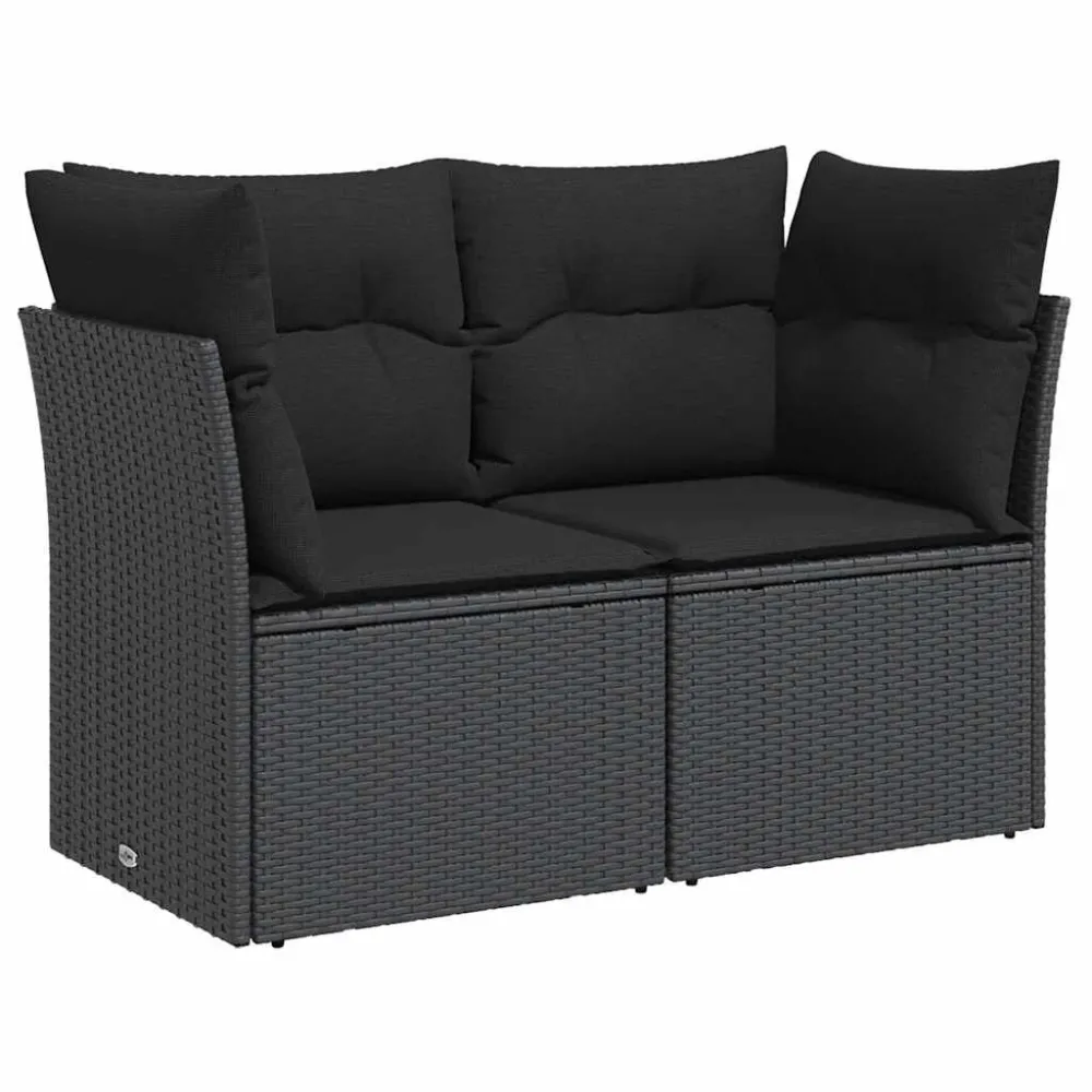 Sofá de jardim com almofadões 2 lugares vime PE preto em Tecido Sunbrella