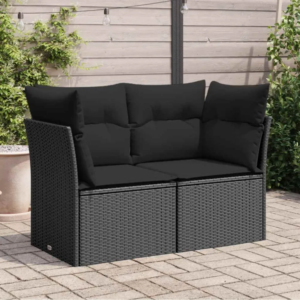 Sofá de jardim com almofadões 2 lugares vime PE preto em Tecido Sunbrella