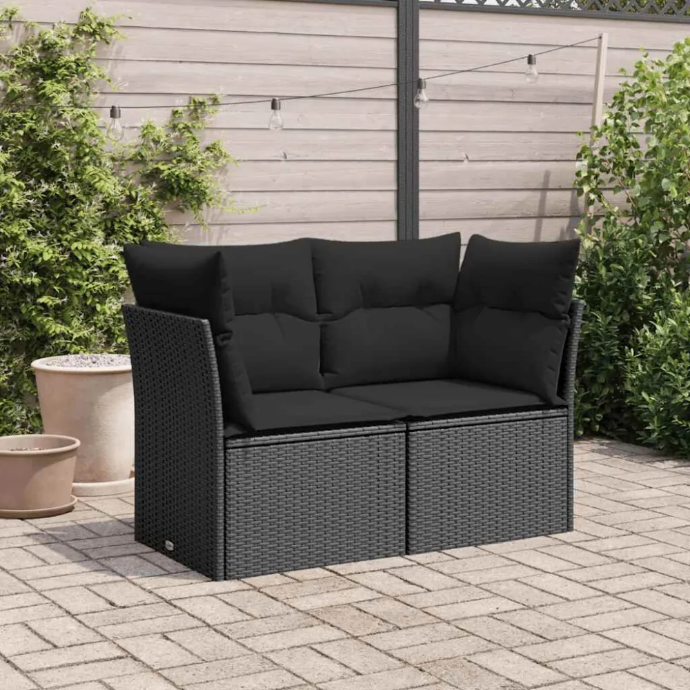 Sofá de jardim com almofadões 2 lugares vime PE preto em Tecido Sunbrella