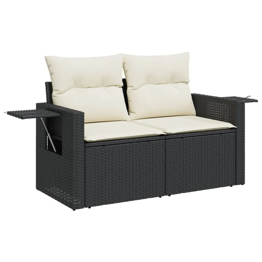 Sofá de jardim com almofadões 2 lugares vime PE preto para Relaxamento ao Ar Livre