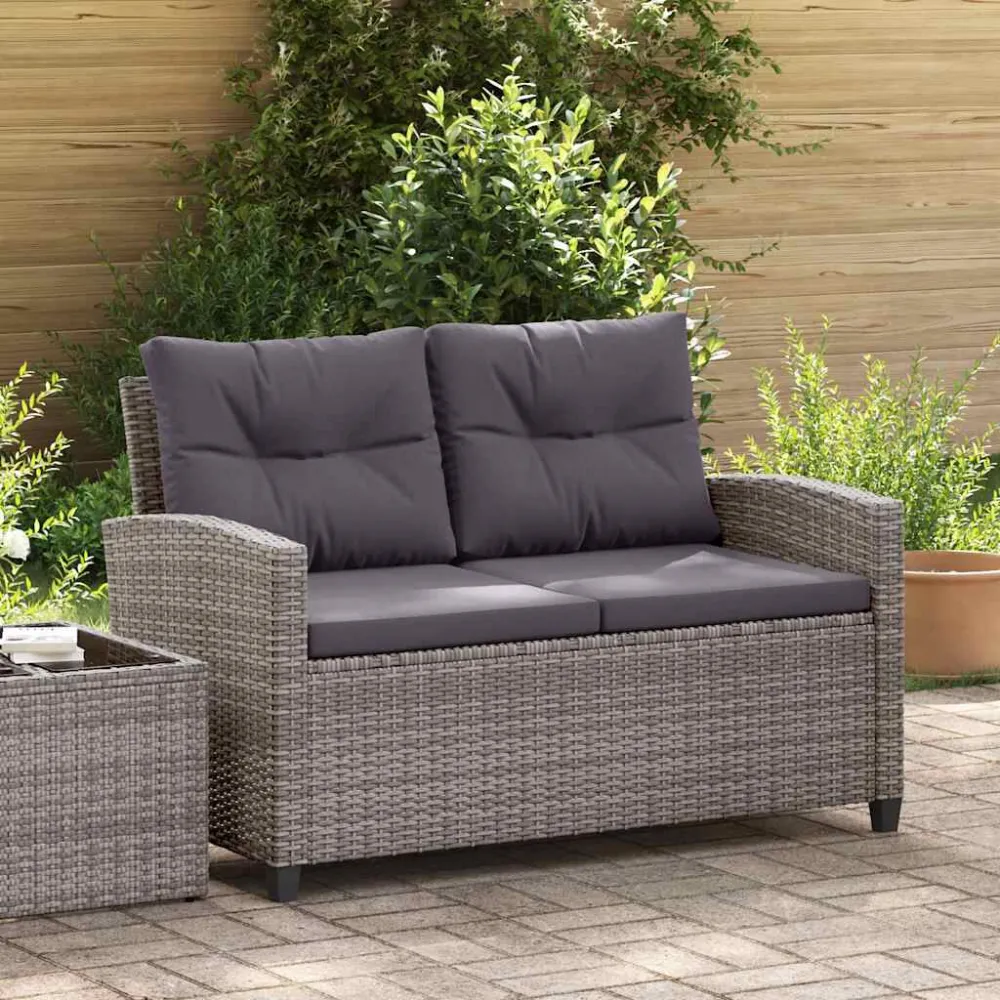 Sofá de jardim 2 lugares com almofadões 124 cm vime PE cinzento em Ferro Forjado